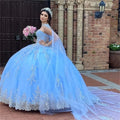 Glittering Blue Sweetheart Quinceanera Dresses with Cape Beading Lace Birthday Party Gown Vestidos De 15 Anos Blue