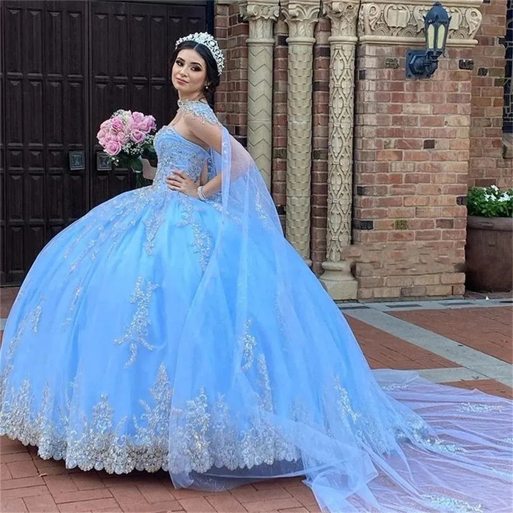 Glittering Blue Sweetheart Quinceanera Dresses with Cape Beading Lace Birthday Party Gown Vestidos De 15 Anos Blue