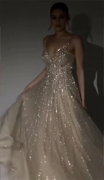 Glitter Spaghetti Strap Shiny Champagne Prom Dress Sexy Open Back A-line Tulle Vestidos De Noche