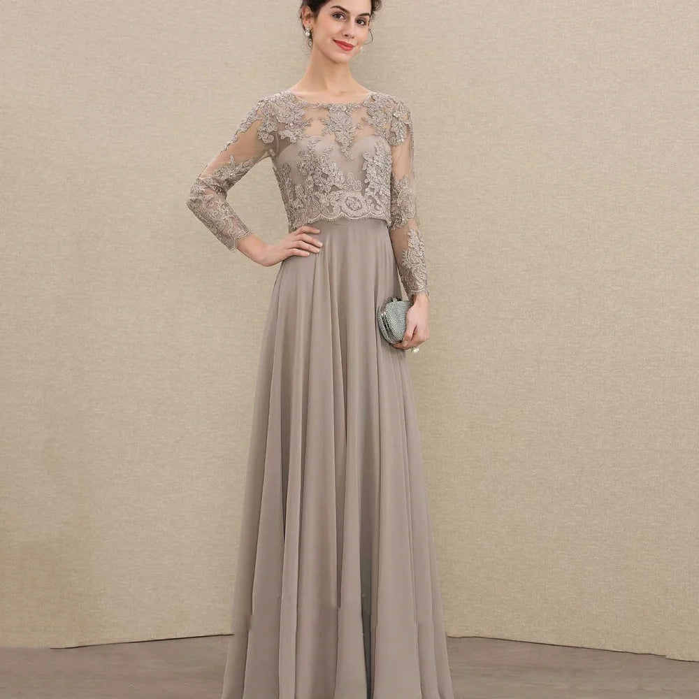 Customized Elegant A Line Chiffon Mother of Bride Dresses Long Sleeve Formal Evening Gowns Lace Bridal Party Dress Picture Color