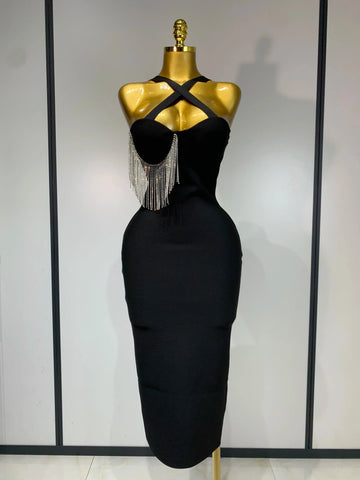 Women Sexy Diamonds Tassel Crystal Midi Black Bodycon Bandage Dress Elegant Evening Party Luxury Birthday Dresses Vestido black