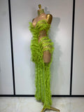 Sparkly Green Rhinestones Mesh Sheer Ruffle Maxi Long Dress Celebrate Birthday Eveing Party Nightclub Stage Performance Costumes