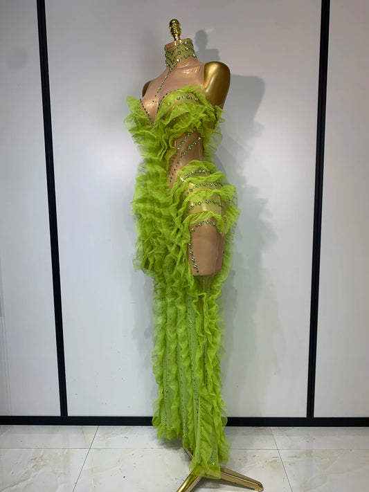 Sparkly Green Rhinestones Mesh Sheer Ruffle Maxi Long Dress Celebrate Birthday Eveing Party Nightclub Stage Performance Costumes