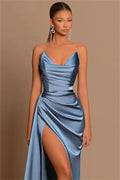 Blue Mermaid Satin Prom Dresses Strapless Side Split Wedding Dress Elegant Sleeveless Floor-Length Vestidos De Fiesta