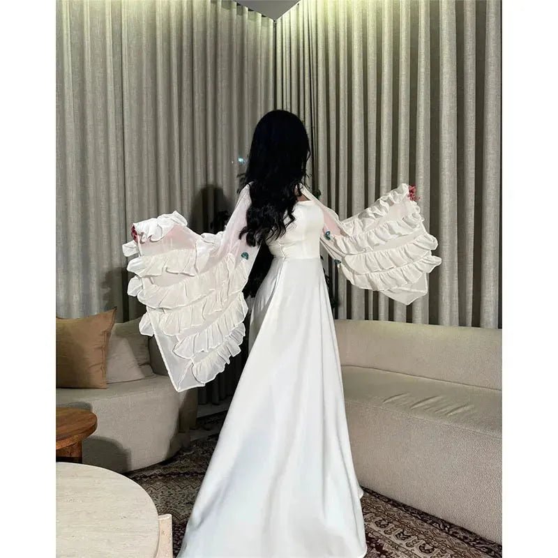 Elegant Arabia A-Line White Prom Dress Chiffon Long Cape Sleeves Ruffles Floor Length Evening Dress vestido de gala