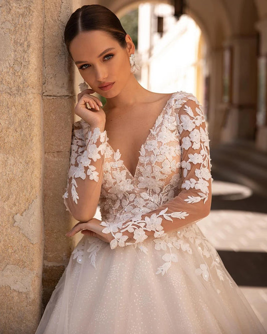 Msikoods Boho Princess Wedding Dresses A Line Shiny Glitter Bride Dress V Neck Lace Appliques Wedding Gowns Ivory