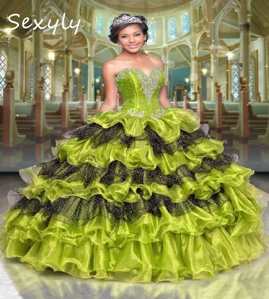 Luxury Green Vestidos De 15 Quinceañera Charro Ruffles Tiered Sequin Ball Gown Sweet 16 Dress Xv Para Birthday Party Customized green