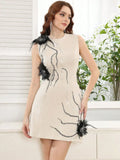 2025 Elegant Women's Sparkling 3D Flower Decorative Dress O-neck Sleeveless Bodycon Mini Dresses Cocktail Evening Party Vestidos