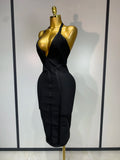 Women Sexy Elegant Spaghetti Strap V Neck Black Midi Bodycon Bandage Dress Nightclub Evening Party Luxury Birthday Dress