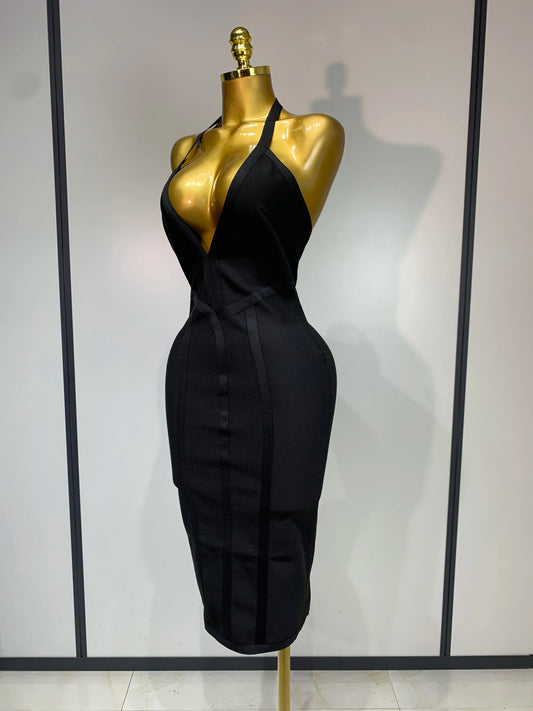 Women Sexy Elegant Spaghetti Strap V Neck Black Midi Bodycon Bandage Dress Nightclub Evening Party Luxury Birthday Dress