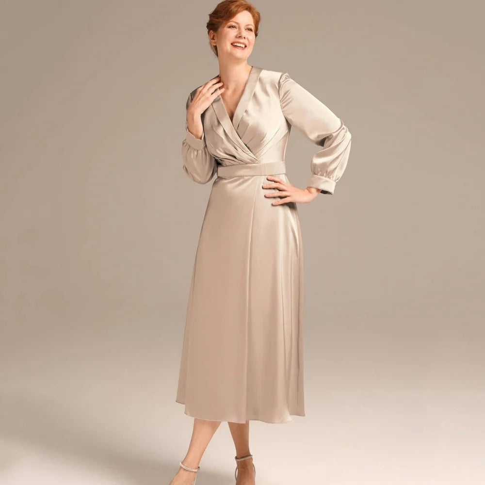 Customized Simple V Neck Mother Dresses Elegant Long Sleeve Wedding Party Gowns Mid-calf Length A Line Formal Bridal Dress picture color