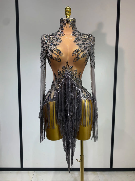 Women Sexy Long Sleeve Diamond Tassel Dress Nightclub Performance Stage Costume Celebrity Evening Party Luxury Birthday Dress Dark Grey