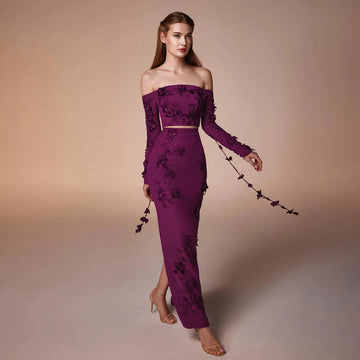 Purple Off Shoulder Prom Dresses 3D Flowers Lace Floor-Length Mermaid Long Sleeves Wedding Dress