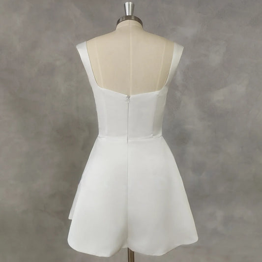 Sleeveless Square Neck Satin Mini Wedding Dress A-Line Zipper Back Above Knee Short Bridal Gown