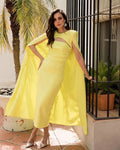 Yellow Mermaid Evening Dress With Cape Satin Special Occasion Dress Prom Gown Summer Party Wedding Guest Dress