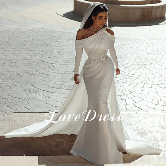 Love Elegant One Shoulder Pleated Sequnins Mermaid Stain Bridal Gowns Floor Length Long Sleeves Wedding Dresses Vestido de novia