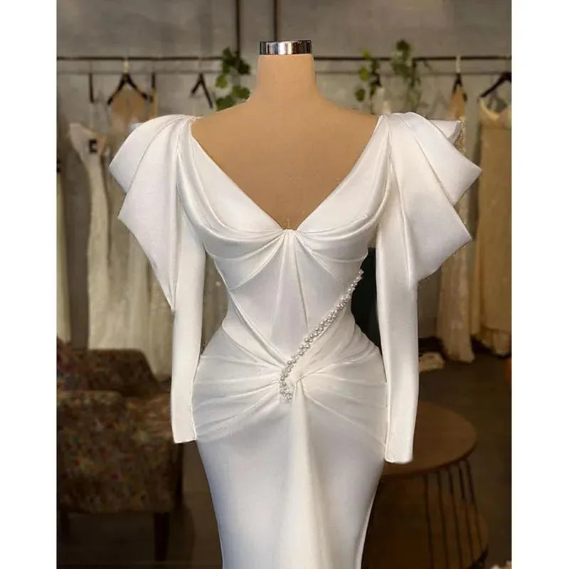 White Prom Dress Long Sleeve Ruffles Pleat Satin Floor Length Tailor-Made Special Event Formal Occasion Women Evening Gown As Picture