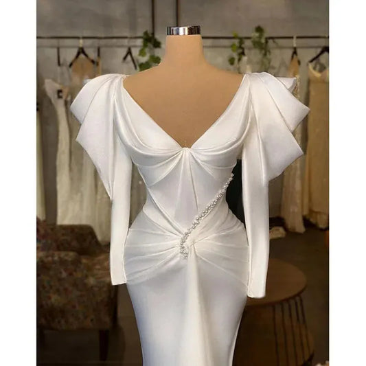 White Prom Dress Long Sleeve Ruffles Pleat Satin Floor Length Tailor-Made Special Event Formal Occasion Women Evening Gown As Picture