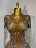 Luxury Sparkly Rhinestones Tassel Transparent Mesh Stretch Long Dress Women Evening Celebrate Birthday Dress Sexy Stage Costumes