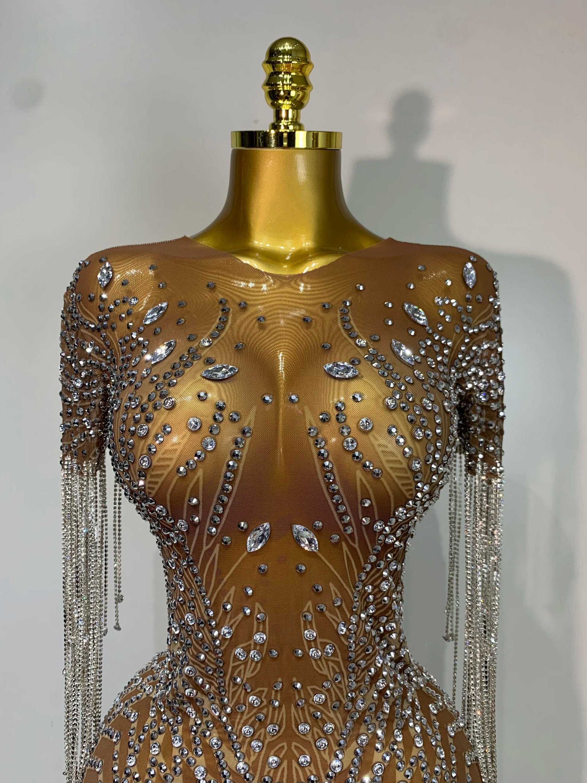 Luxury Sparkly Rhinestones Tassel Transparent Mesh Stretch Long Dress Women Evening Celebrate Birthday Dress Sexy Stage Costumes