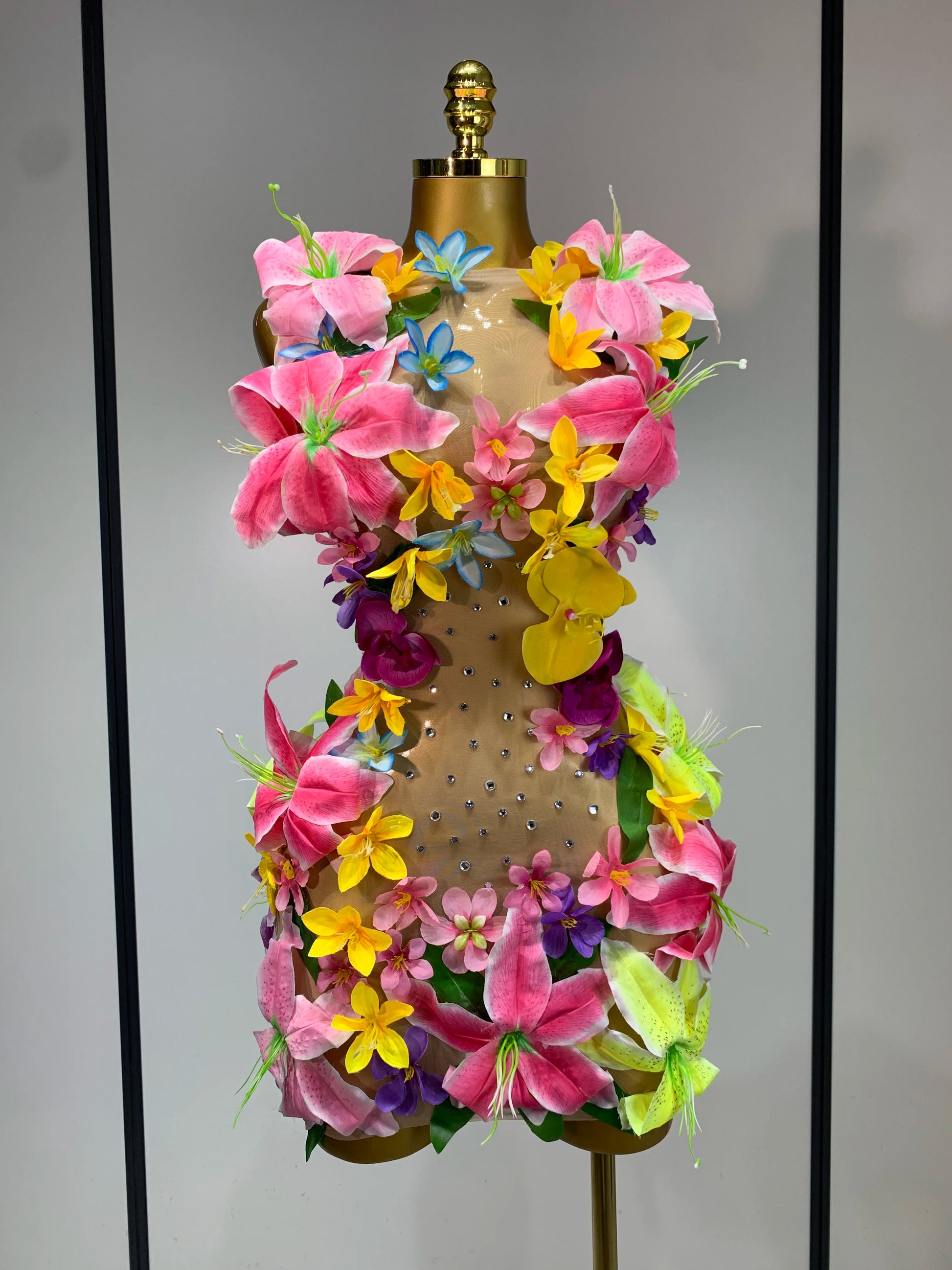 Sparkly Rhinestones 3D Flower Mesh Transparent Jumpsut Women Sexy Evening Party Birthday Nightclub Performance Stage Costume dress