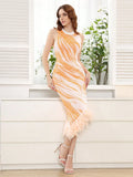 2025 Elegant Women's Feather Patchwork Design Dress O-neck Sleeveless Bodycon Color blocked Midi Dresses Evening Party Vestidos