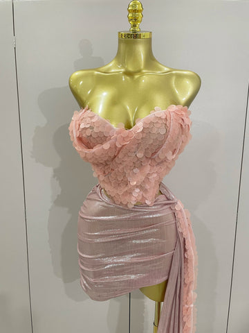 Sexy Pink Sequin Strapless 2 Pieces Bodycon Mini Dress Women Celebrate Birthday Party Bar Singer Nightclub Stage Costume Pink
