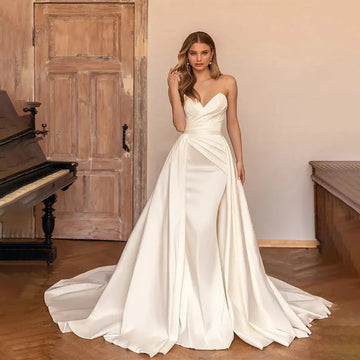 Luxury Sweetheart Mermaid Satin Wedding Dress Detachable Skirt Backless And Zipper Woman Evening Dress For Wedding Ivory