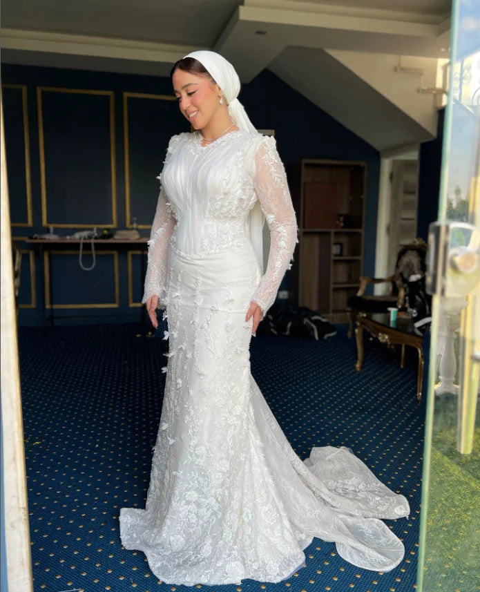 Lace Floral Mermaid Muslim Caftan Wedding Dresses Ruched Long Sleeve Middle East Hijab Trumpet Bridal Gown Outfit Customsized Ivory
