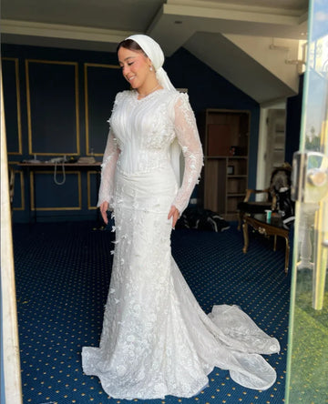 Lace Floral Mermaid Muslim Caftan Wedding Dresses Ruched Long Sleeve Middle East Hijab Trumpet Bridal Gown Outfit Customsized