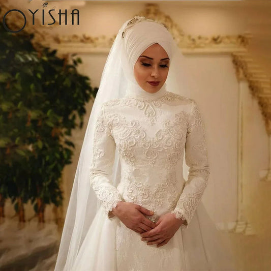 OYISHA Arabic Muslim Wedding Dresses For Women High Neck Long Sleeves Lace A-line Bridal Gowns With Veils Robe De Mariage