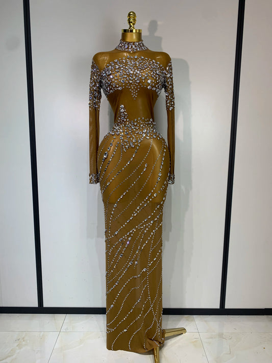Sparkly Rhinestone Mesh Transparent Brown Long Dress Evening Party Luxury Birthday Celebrate Costume Nightclub Dancer Outfit Dark Brown