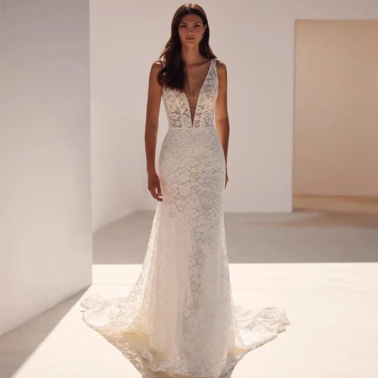 Elegant Mermaid Wedding Dress Chapel Train Sexy V-Neck Fashion Backless Vestido De Casamento White