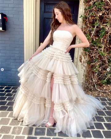 Amanda Gentle Strapless A-line Prom Dress Sexy Side Split Luxury Shiny Ivory Multilayer Vestidos De Noche