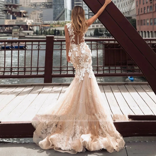 Luxury Exquisite Wedding Dresses Sleeveless Mermaid Floor Length Bridal Gowns Lace Appliques Sexy Robes Vestidos De Novia