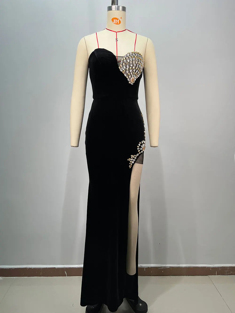 2025 Spring Women's Light Luxury Nail Bead Velvet Dress Strapless Sleeveless Bodycon Split Body Long Dress Evening Party Vestido black