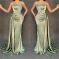 Green Satin Prom Dresses Spaghetti Strap Wedding Dress Elegant Sleeveless Floor-Length Pleats Vestidos De Fiesta