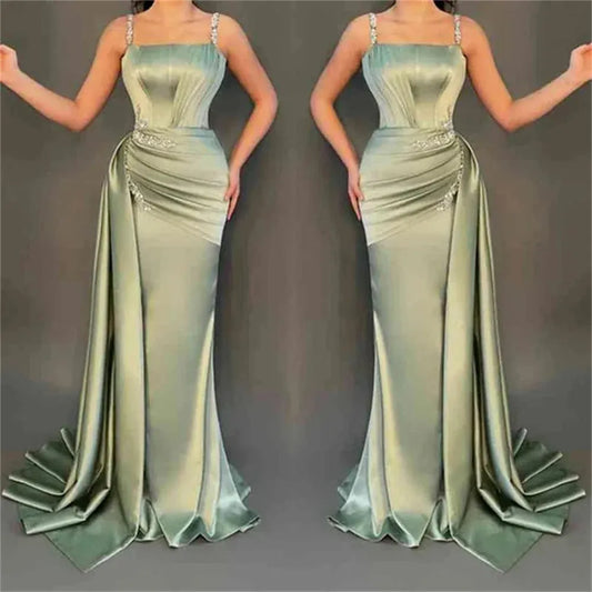 Green Satin Prom Dresses Spaghetti Strap Wedding Dress Elegant Sleeveless Floor-Length Pleats Vestidos De Fiesta