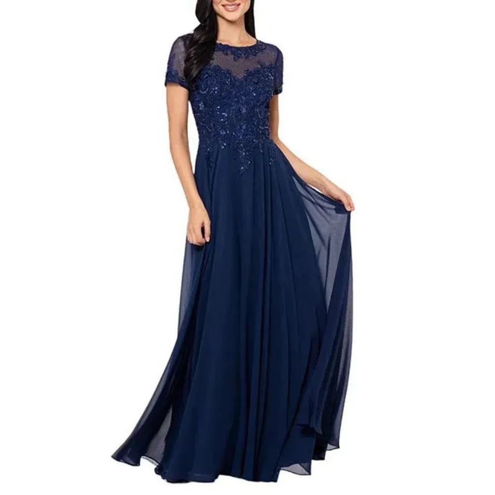 Customized Mother Dresses Short Sleeves A Line Formal Gowns Lace Sequined Bride Party Dress Chiffon robes invitée mariage picture color