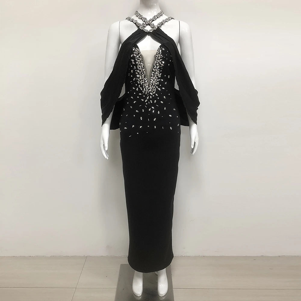 Elegant Women'S Spaghetti Strap Bandage Long Dress Luxury Diamonds Sexy Backless Tight Maxi Dress Celebrity Evening Party Gowns black