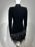 Autumn Elegant Dress Women's Party Dress High Neck Long Sleeve Gloves Luxury Crystal Design Velvet Mini Feather Dresses Vestido