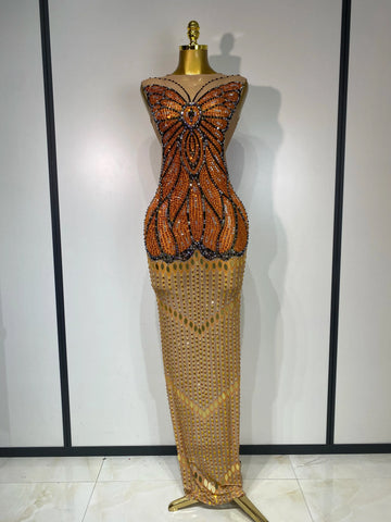 Luxury Rhinestones Mesh Long Dress Elegant Sexy Sleeveless Birthday Evening Party Gown Performance Singer Stage Outfit Long dress