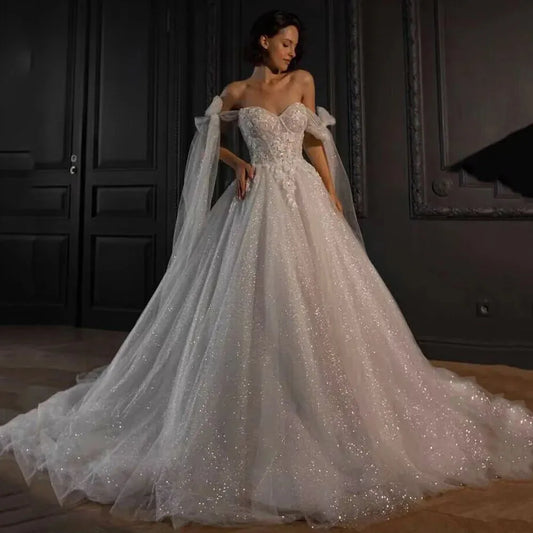 Shiny Glitter Tulle Wedding Dresses Vintage Boho Bride Dress Lace Beads off Shoulder Princess Wedding Gowns Casamento White
