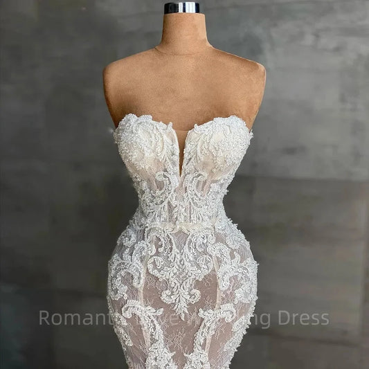 Luxury Sweetheart Mermaid Lace Wedding Dress Crystals Beaded Bridal Dress Strapless Sleeveless Appliques Bride Gowns Robes