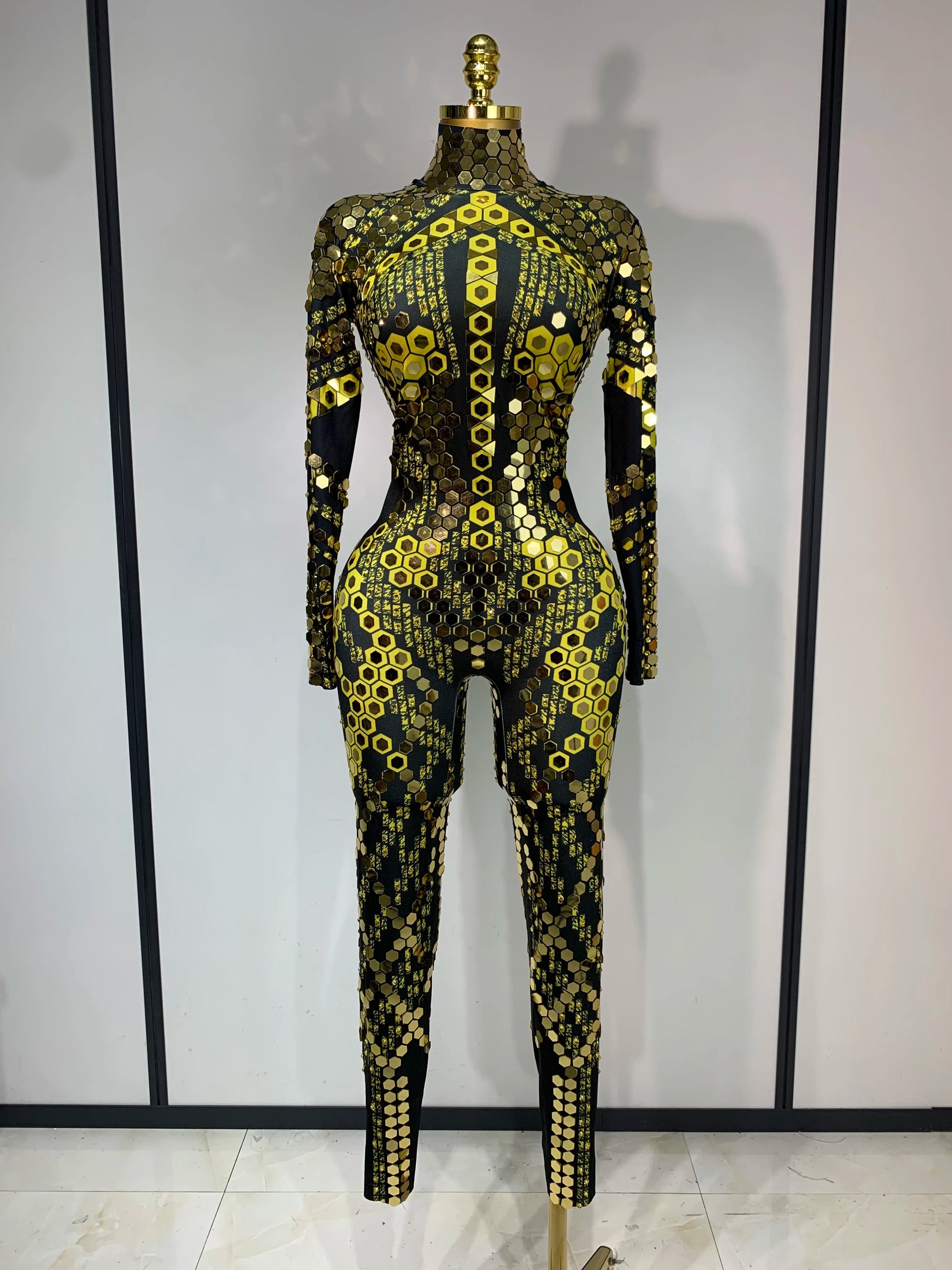 Sexy Shiny Sequins Mirror Spandex Jumpsuit 2025 Women Prom Dancer Singer Costume Evening Birthday Show Performance Stage Outfit yellow