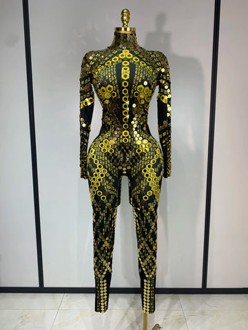 Sexy Shiny Sequins Mirror Spandex Jumpsuit 2025 Women Prom Dancer Singer Costume Evening Birthday Show Performance Stage Outfit yellow