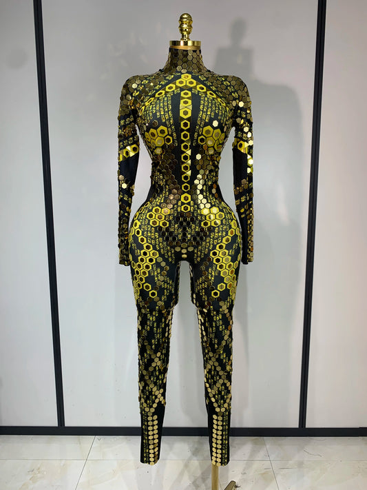 Sexy Shiny Sequins Mirror Spandex Jumpsuit 2025 Women Prom Dancer Singer Costume Evening Birthday Show Performance Stage Outfit yellow