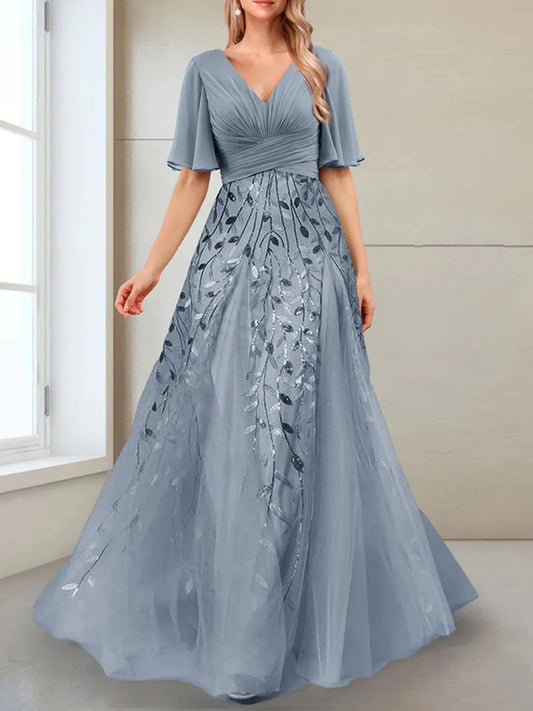 Elegant A-line Prom Gown V-Neck Chiffon Half Sleeves Ruffles Sequins Appliques Floor-Length Evening Dress 2025 Free Customized Dusty Blue