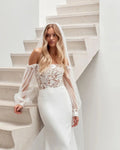 Boho Lace Mermaid Wedding Dresses Off Shoulder Tulle Puff Sleeves Bridal Gowns Elastic satin Bride Dress