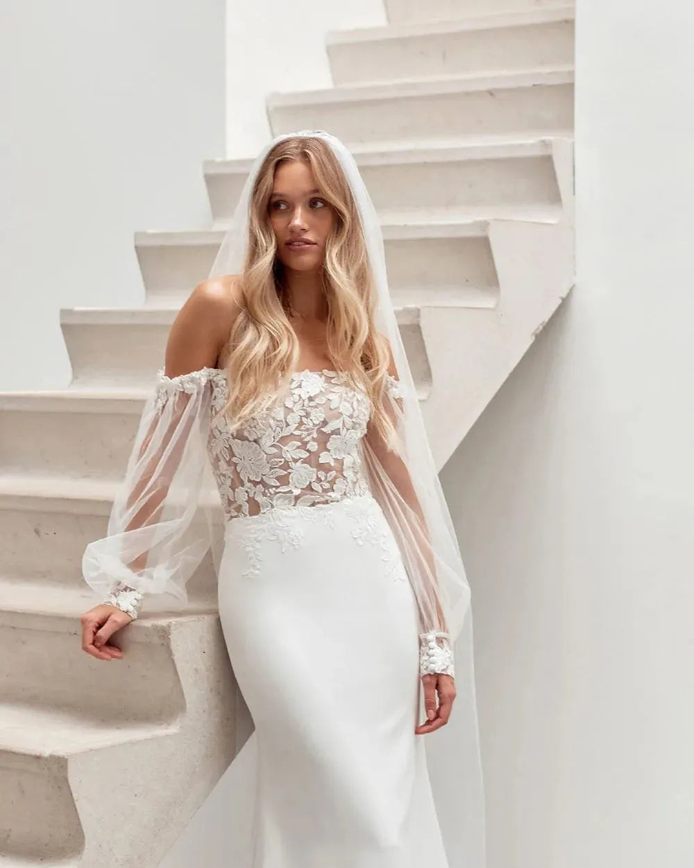 Boho Lace Mermaid Wedding Dresses Off Shoulder Tulle Puff Sleeves Bridal Gowns Elastic satin Bride Dress